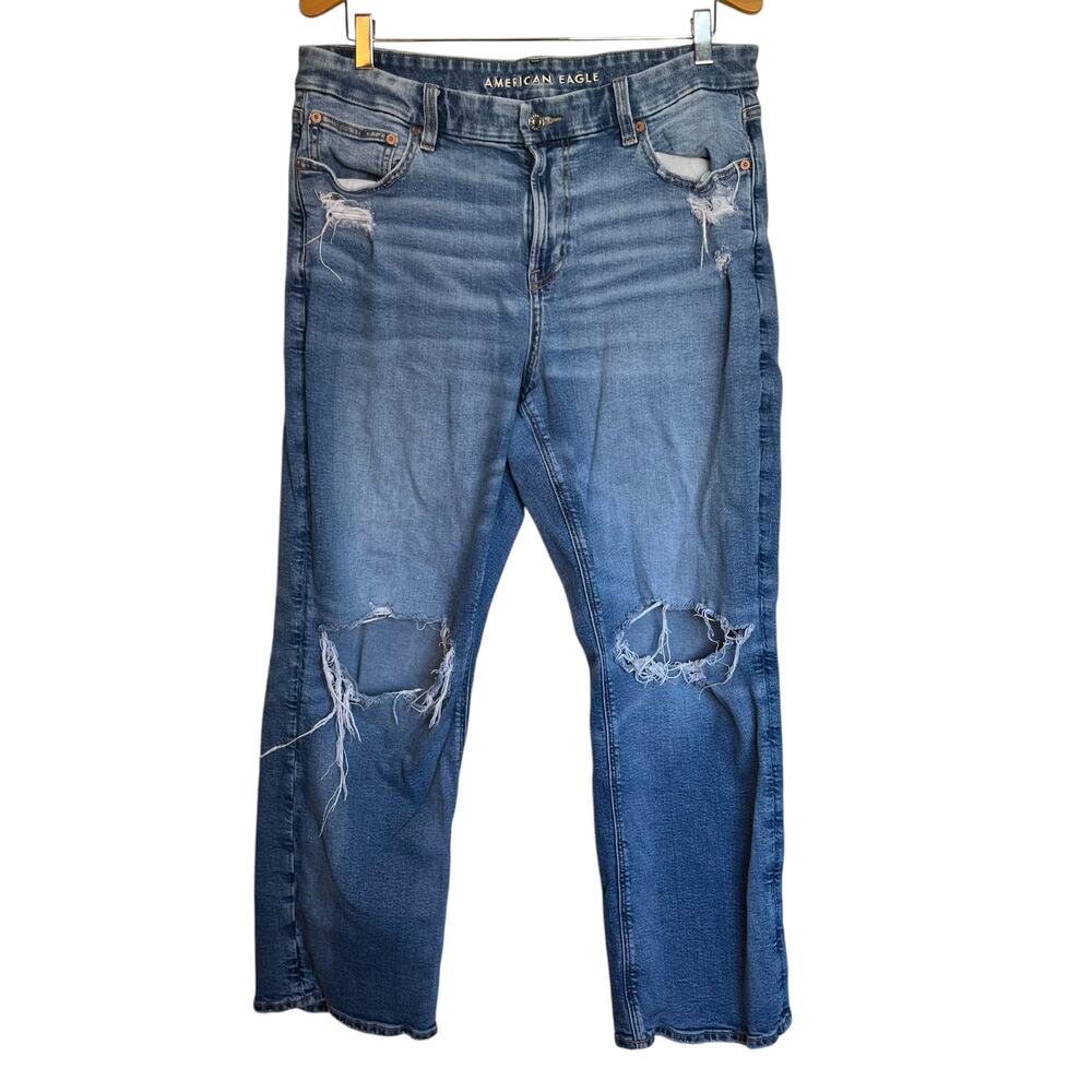 American Eagle Curvy Straight Distressed Jeans Blue Stretch Denim Size 16 Short
